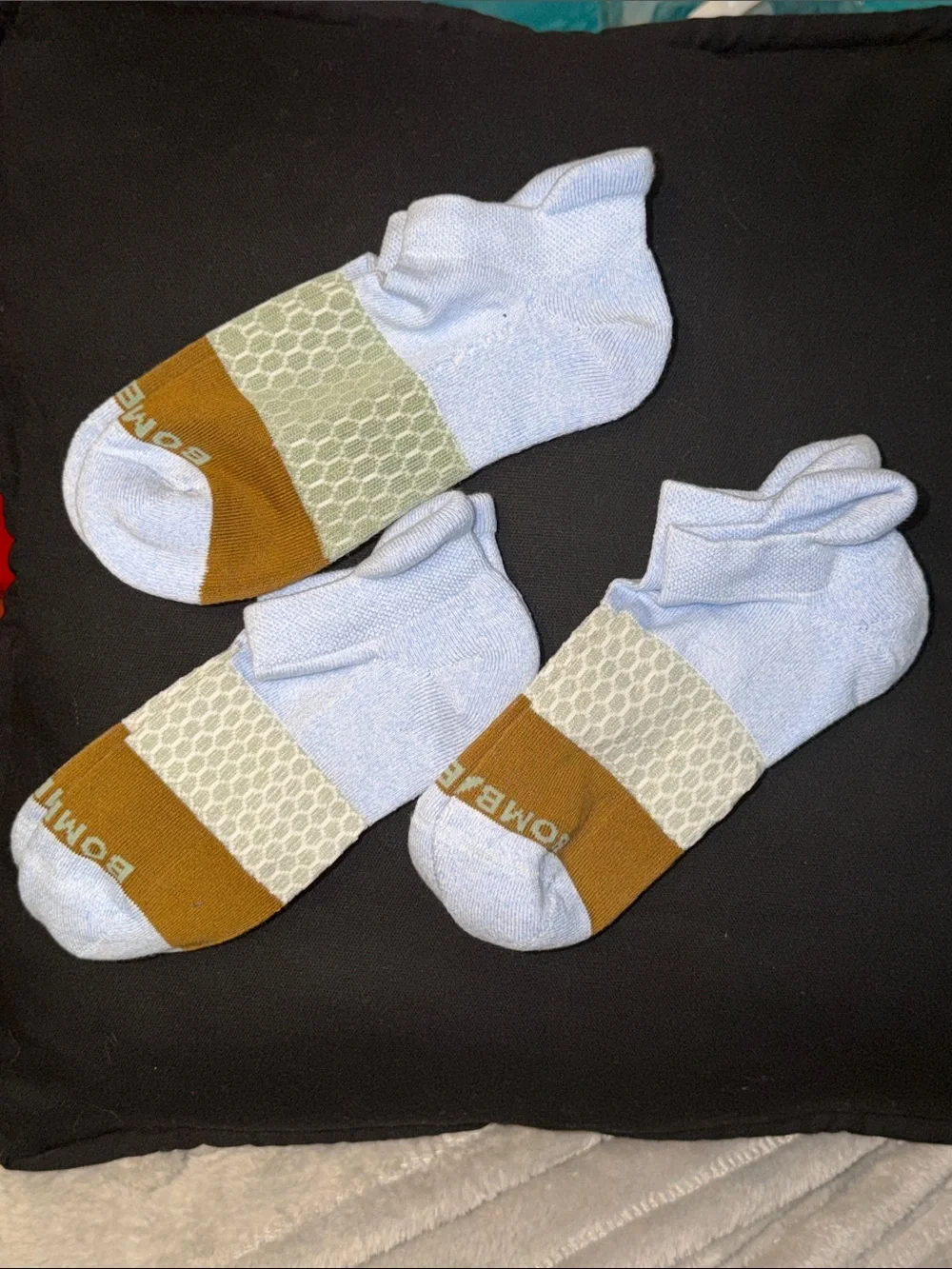 Bombas Light Blue Ankle Socks with Brown Toe and Olive Band
